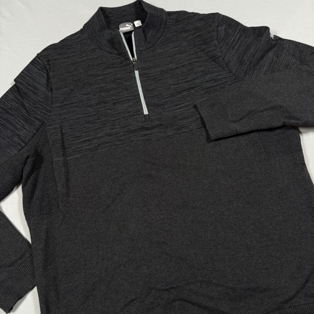 Puma Sweater Mens L Quarter-Zip Space Dye Charcoal Grey Mock Neck EUC